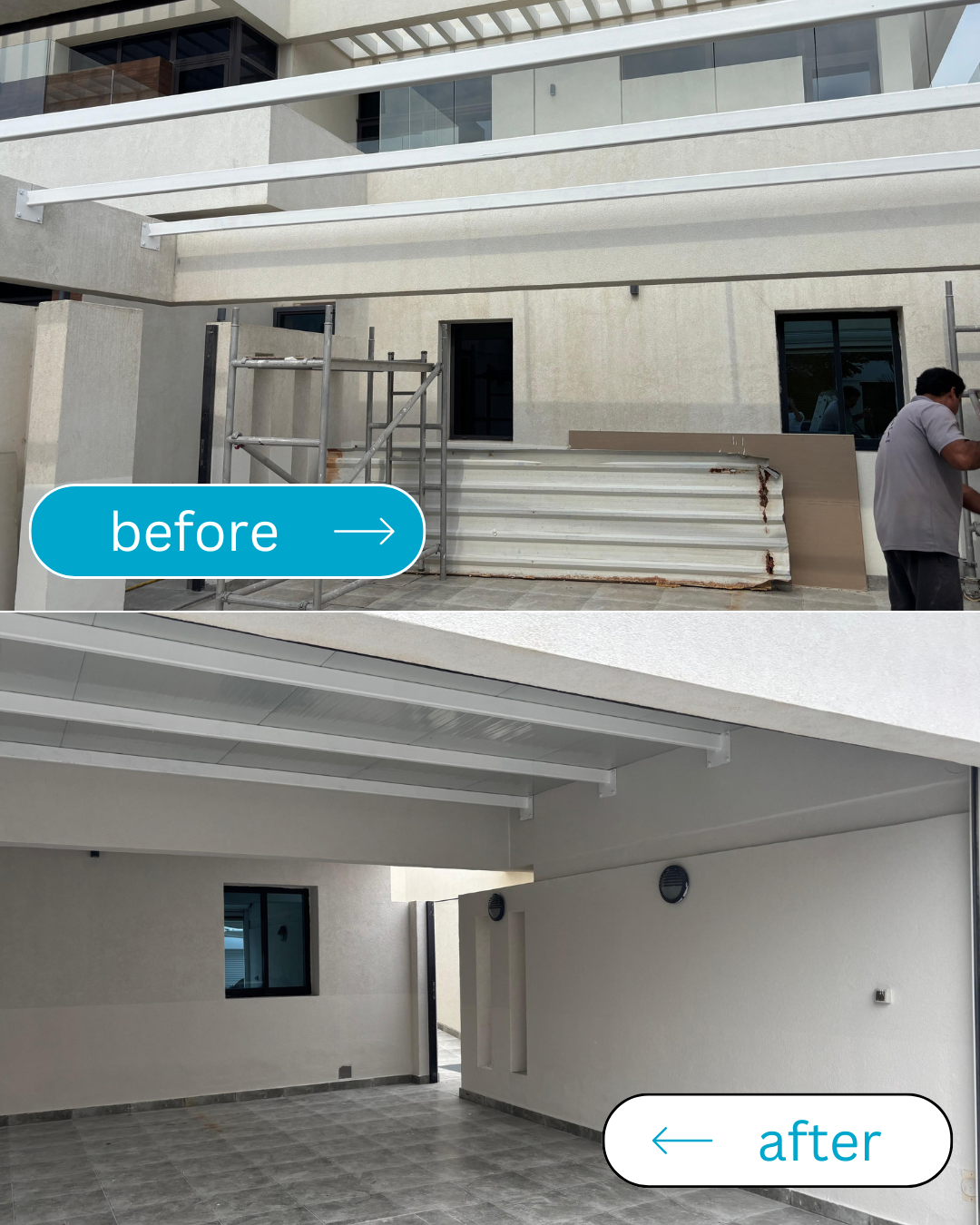 Before and after comparison of an outdoor patio renovation featuring new grey floor tiles, smooth white walls, and a white slatted pergola